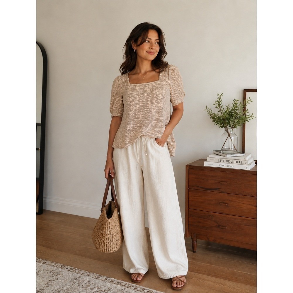 Ann Taylor Retro Knit Top, Tan & White, Puff Sleeve